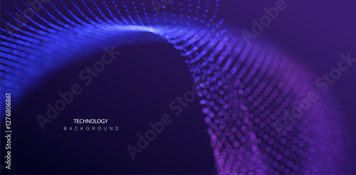Technology Artificial Intelligence particles banner. Dots dust ai big data stream waves neon green and purple background. Futuristic network connect vector blurred design.