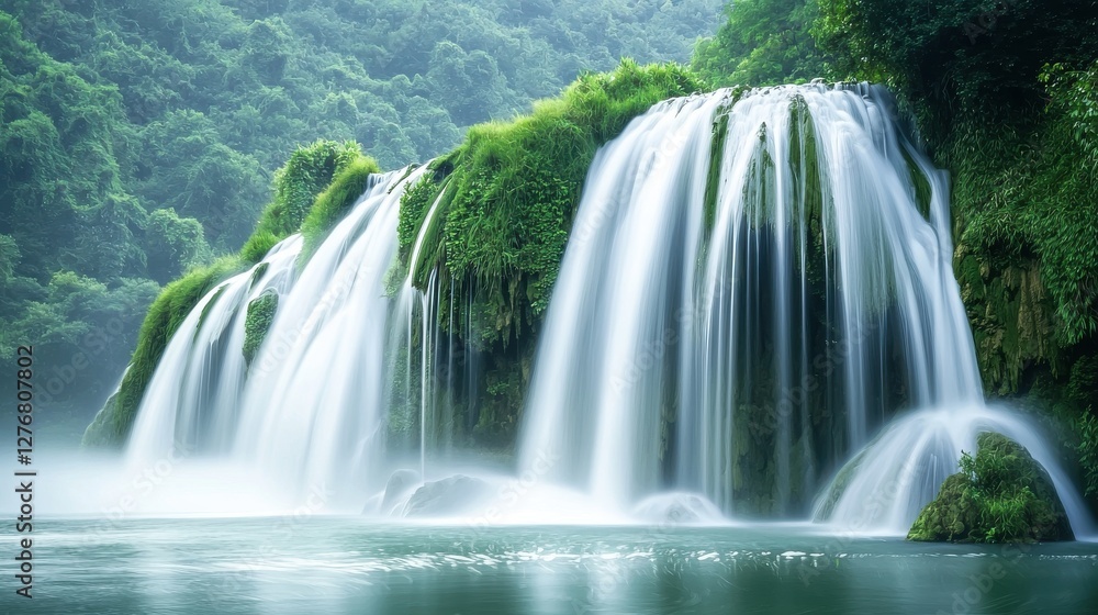 Fototapeta premium Majestic Waterfall Surrounded by Lush Greenery in Tranquil Setting