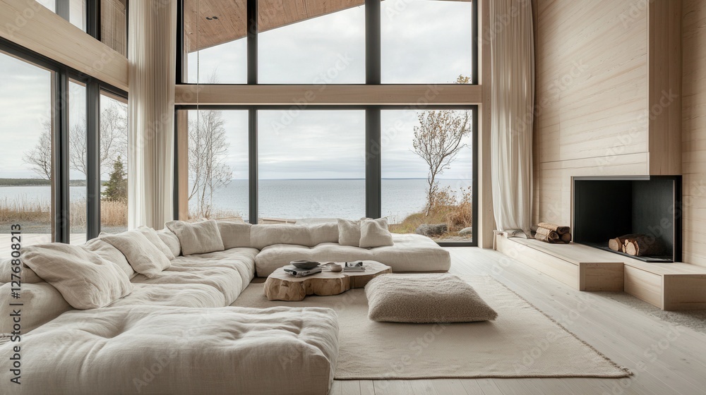 Fototapeta premium Bright living room with panoramic windows and a sea view, featuring cozy soft furniture and a minimalist interior.