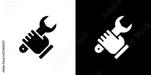 Spanner in hand icon set. vector illustrations in black and white flat solid style