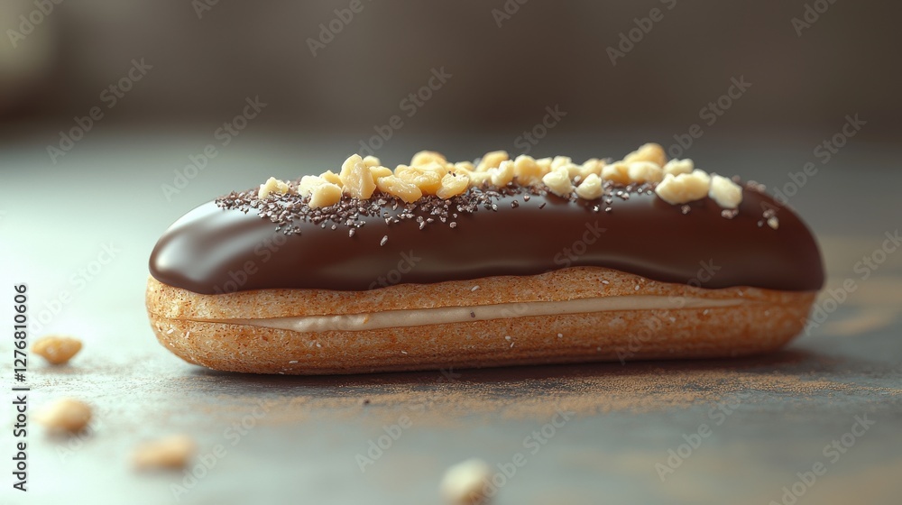 Delicious Chocolate Eclair with Nuts on a Rustic Table Surface Delicious Chocolate Eclair with Nuts on a Rustic Table Surface