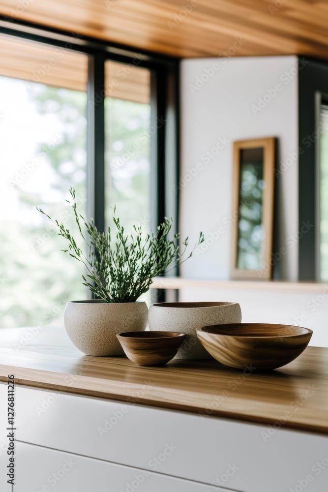 Modern kitchen decor with wooden bowls, potted plants, and natural light highlighting minimalist design aesthetic in a contemporary home Modern kitchen decor with wooden bowls, potted plants, and natural light highlighting minimalist design aesthetic in a contemporary home