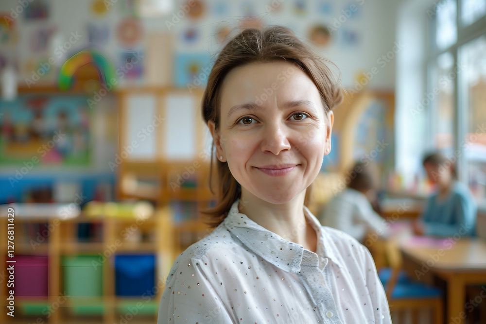 Portrait of smiling teacher in a class at school, AI generated image Portrait of smiling teacher in a class at school, AI generated image