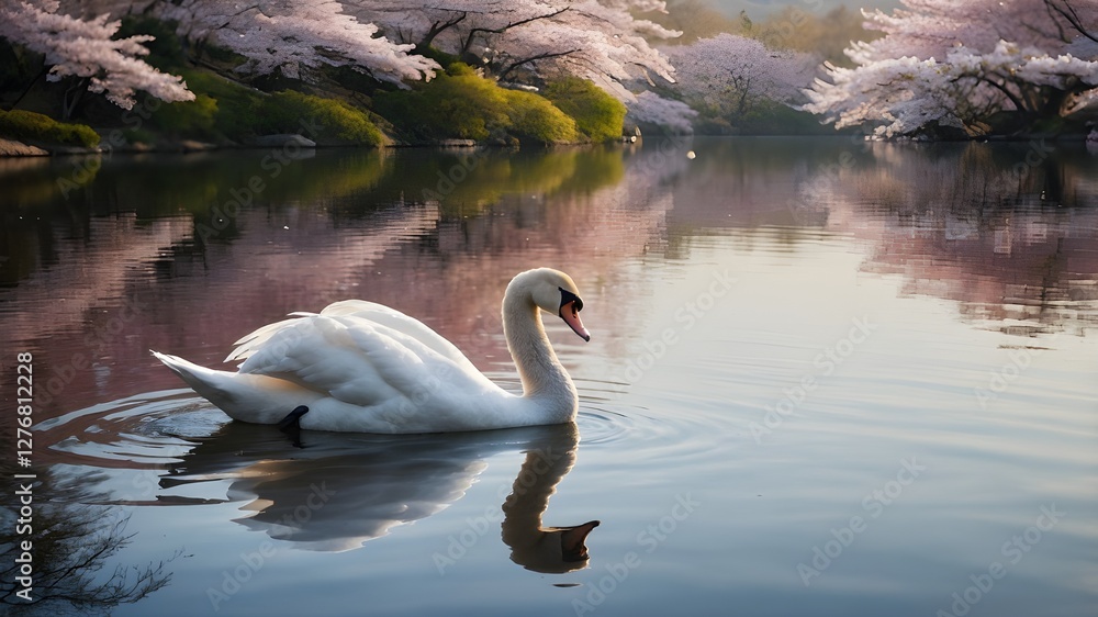 Fototapeta premium A graceful white swan glides across the lake, embodying the beauty of swans in the wild. A close-up portrait captures
