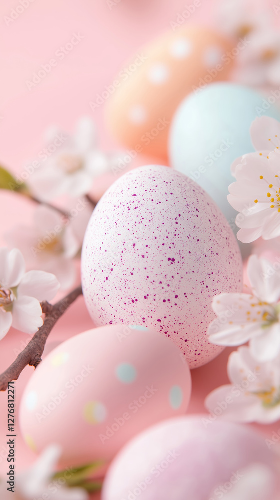 Colorful speckled and polka dot Easter eggs with spring blossoms on pastel pink background