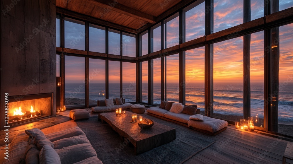 Spacious living room with panoramic windows, an ocean view, and a cozy fireplace ambiance and candles on the table. Spacious living room with panoramic windows, an ocean view, and a cozy fireplace ambiance and candles on the table.