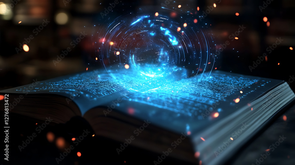 A high-tech animated book with an interactive holographic interface, displaying dynamic answers as a reader asks questions using voice recognition A high-tech animated book with an interactive holographic interface, displaying dynamic answers as a reader asks questions using voice recognition