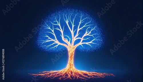 A glowing tree with bare branches is set against a dark blue background. photo