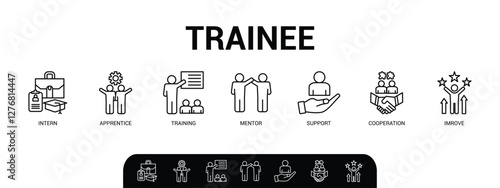 Trainee banner web icon vector illustration concept for internship training and learning program apprenticeship with an icon of intern, apprentice, training, mentor, support, cooperation, and improve