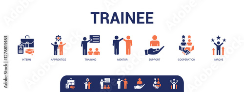 Trainee banner web icon vector illustration concept for internship training and learning program apprenticeship with an icon of intern, apprentice, training, mentor, support, cooperation, and improve