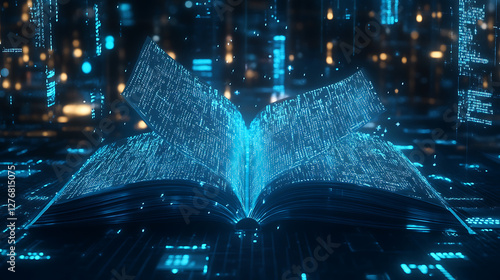 A futuristic learning environment where a digital book with AI narration responds with animated 3D models and voice-guided explanations based on reader queries 