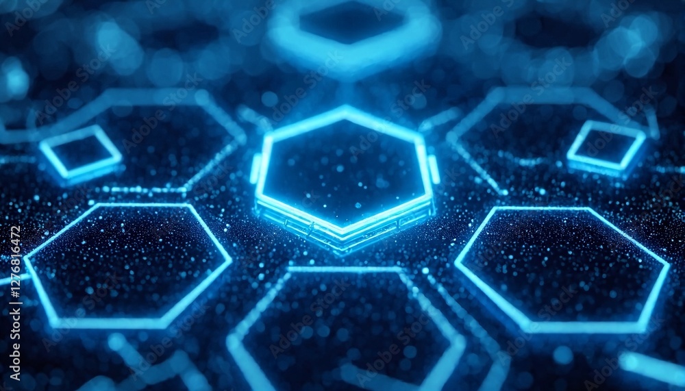 A futuristic background of blue hexagons and squares with white lines outlining them. A futuristic background of blue hexagons and squares with white lines outlining them.