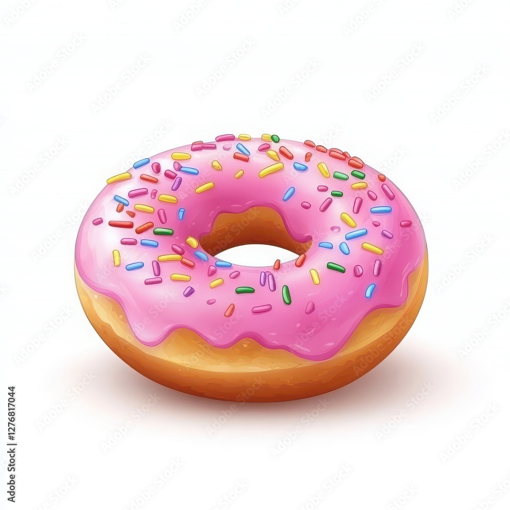 Baked donut with pink frosting and colorful sprinkles isolated on white background Baked donut with pink frosting and colorful sprinkles isolated on white background
