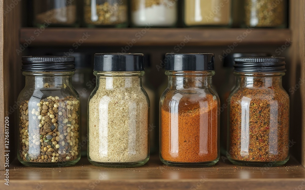Glass Jars Filled with Various Spices on Wooden Shelf Glass Jars Filled with Various Spices on Wooden Shelf