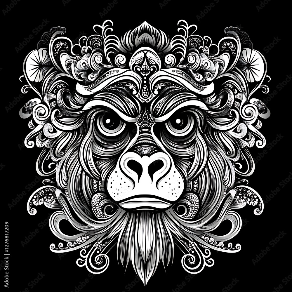 Obraz premium Ornate monkey head design, graphic art, black and white