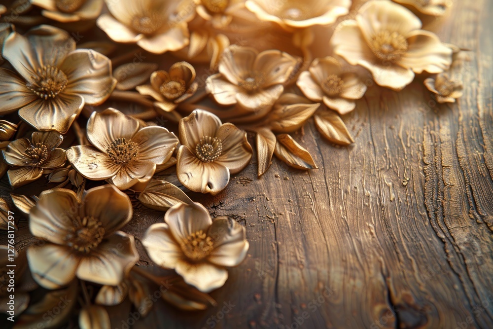 Floral carvings on aged wood cast soft shadows, evoking a serene and dreamy atmosphere Floral carvings on aged wood cast soft shadows, evoking a serene and dreamy atmosphere