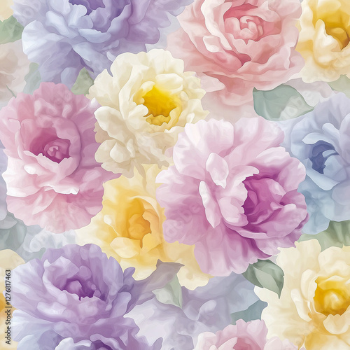 Pastel watercolor pattern of many delicate roses and peonies in shades of pink, purple, yellow and white.