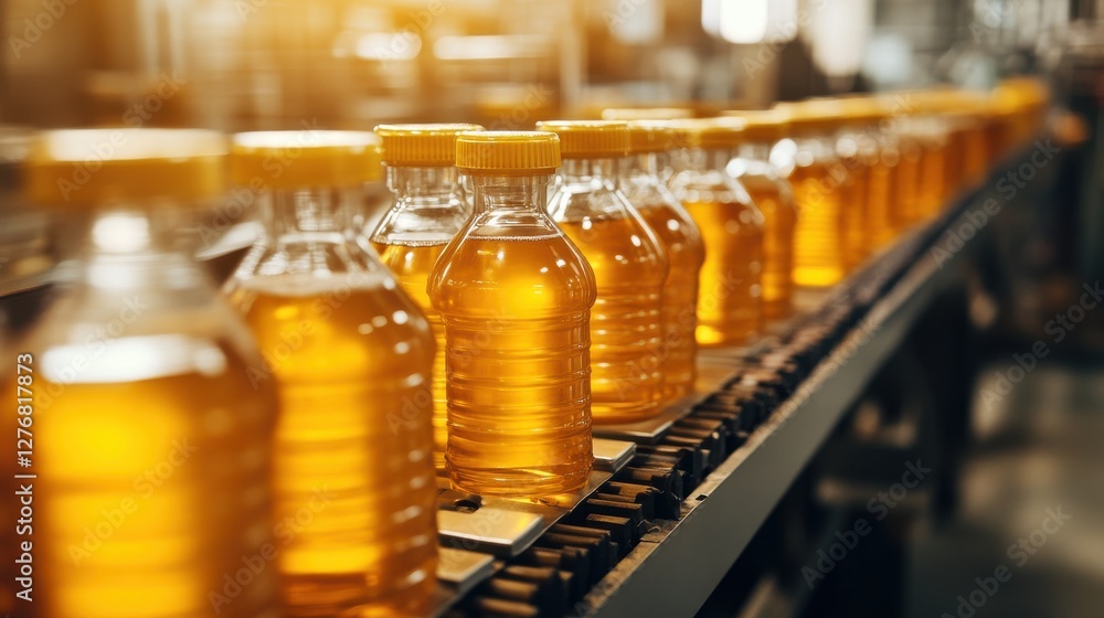 Bottles of Oil on Production Line in Warehouse Industrial Setting Bottles of Oil on Production Line in Warehouse Industrial Setting