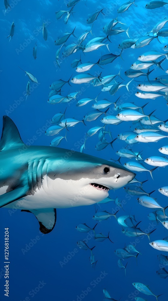Fototapeta premium Great White Shark Swimming In front Of A School Of Fish