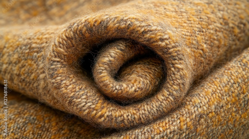 Fototapeta premium Rolled mustard wool textile closeup, soft focus background, home decor
