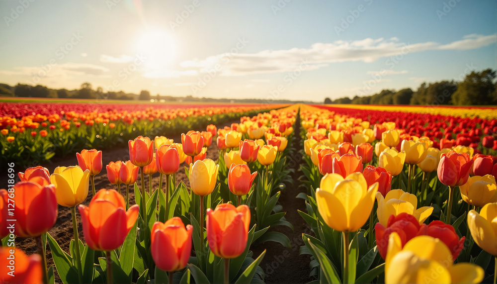 Vibrant tulip field under a sunset for blogs, websites, gardening themes, invitations, seasonal promotions, educational materials, and nature-themed designs Vibrant tulip field under a sunset for blogs, websites, gardening themes, invitations, seasonal promotions, educational materials, and nature-themed designs