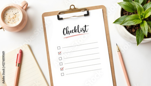 Organized checklist on clipboard in minimalistic workspace, productivity