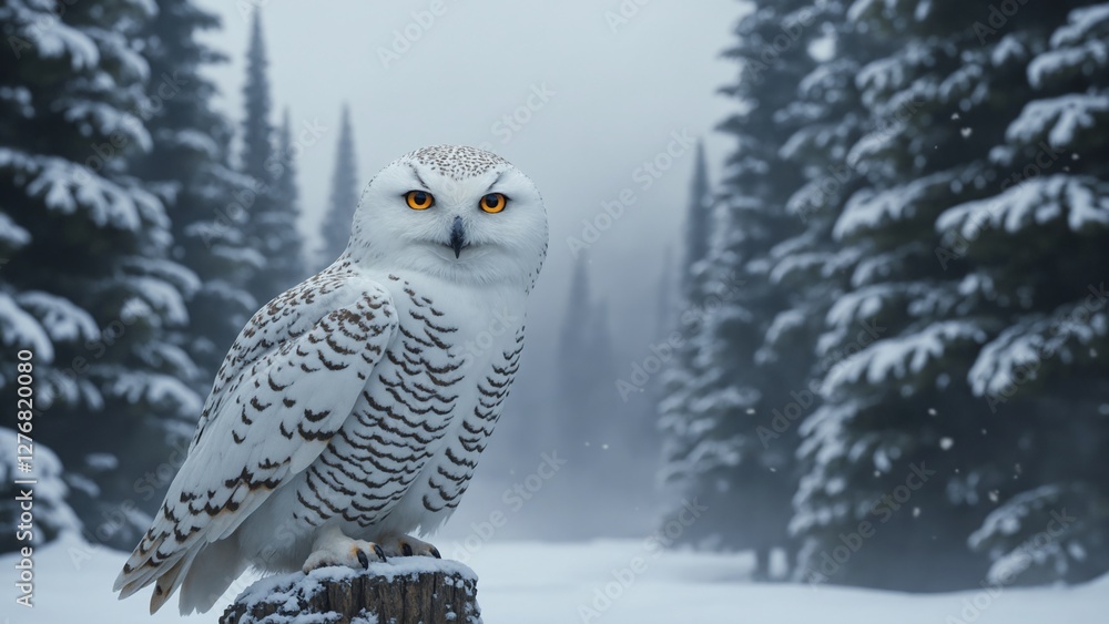 Fototapeta premium A majestic snowy owl perched on a frost-covered branch in the middle of a vast, snow-laden wilderness