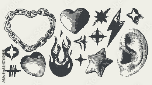 Gothic Pixel Shape Set. Bitmap vector graphic in a retro 8-bit game style. Retro futuristic sticker for collage, t-shirt print, poster. Heart, star, ear, fire, chain in the shape of a heart.