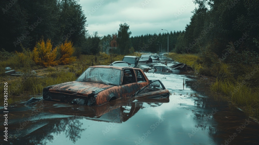 A haunting scene of abandoned cars in a flooded area. Nature reclaims what was once human. The atmosphere is thick with mystery and nostalgia. Generative AI A haunting scene of abandoned cars in a flooded area. Nature reclaims what was once human. The atmosphere is thick with mystery and nostalgia. Generative AI