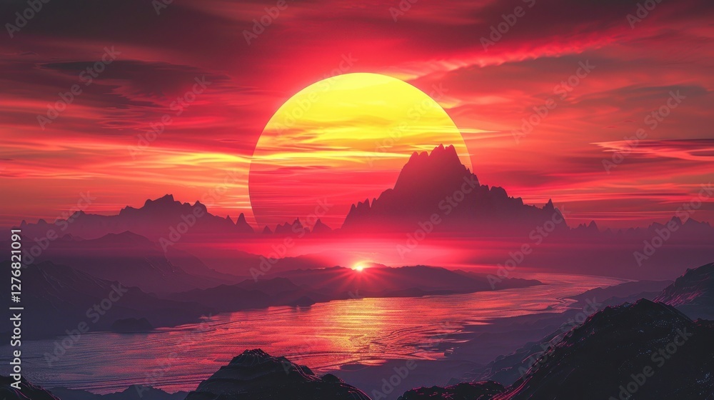 Fototapeta premium A stunning sunset in warm reds and oranges reflects beautifully on a serene river by the mountains