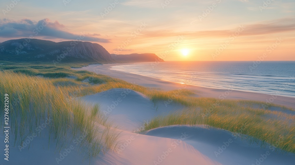 Serene Sunset Over Sandy Dunes and Calm Ocean Serene Sunset Over Sandy Dunes and Calm Ocean