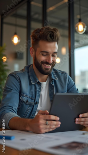 Hombre joven sonriente trabajando con su tablet en una oficina moderna y diáfana