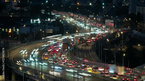 Time lapse. Night city highway stretching into the horizon.