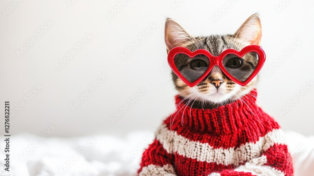 Fototapeta premium Cute cat wearing red heart sunglasses and a striped sweater, sitting on a soft surface with a white background. Ideal for valentine, love, pet fashion, and holiday-themed designs