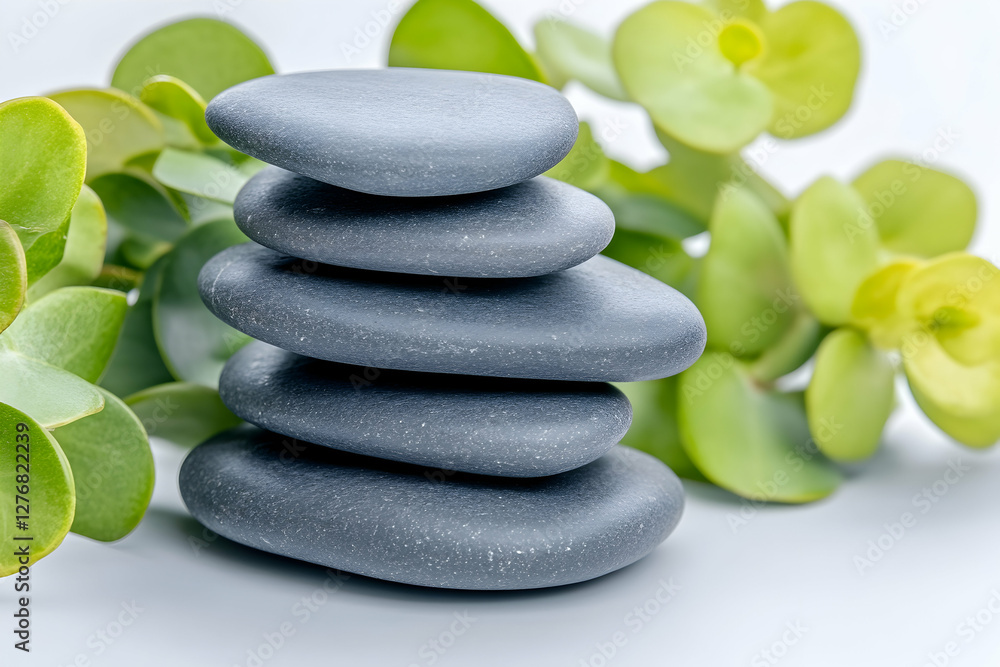 Stacked grey stones, green leaves, wellness Stacked grey stones, green leaves, wellness