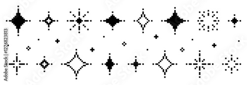 Pixel art sparkles. 8-bit style pixelated aesthetic. black vector design. simple and minimalistic. vector graphics. stars and a sparkle.