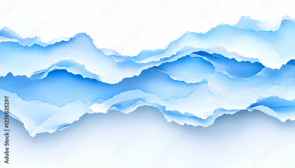 Torn light blue paper banner, white background, design element Torn light blue paper banner, white background, design element