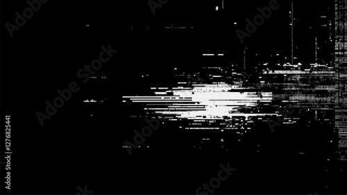 Abstract white noise on a black background. pixel art digital glitch. distorted lines and pixelated textures. video game screen. grainy noise effect. Digital pixel chaos. Glitch art. vector graphics