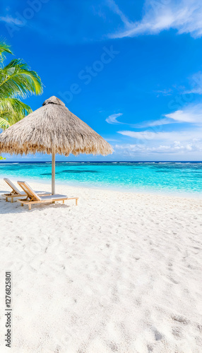 Tropical beach chairs under palapa, turquoise ocean, vacation