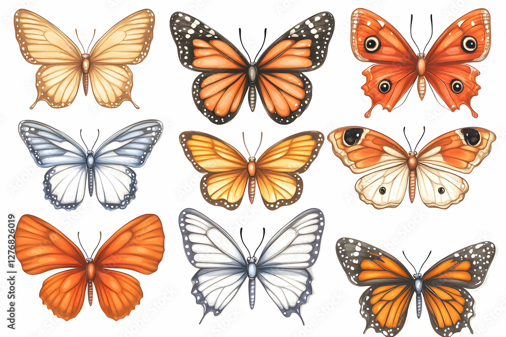 Twelve diverse butterflies, isolated on white; nature illustration Twelve diverse butterflies, isolated on white; nature illustration
