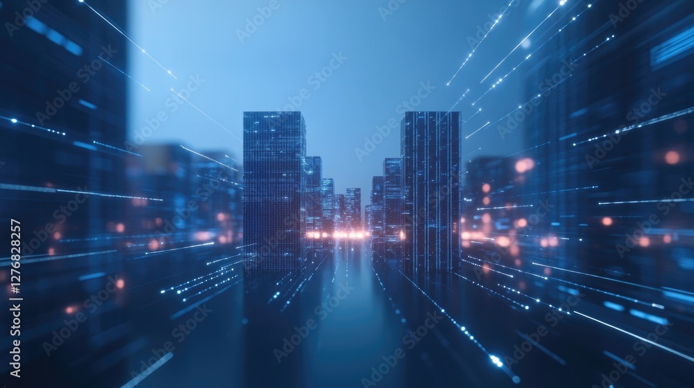 Naklejka premium drone shot of futuristic data center with glowing blue servers arranged in perfect symmetry