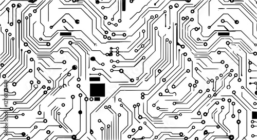 Computer motherboard seamless pattern, circuit board background. Vector intricate circuitry motif with soldered connections and electronic components, creating dynamic and interconnected tile design 