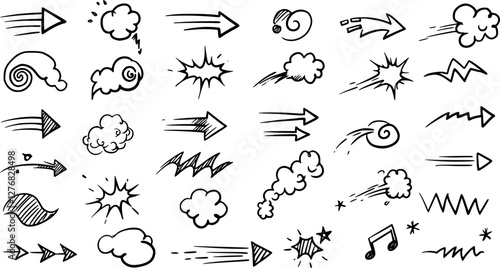 Movement or motion lines isolated vector set. Comic speed and boom effect symbols. Funny bubbles or clouds, arrows, track and trace. Funny smoke and steam, black and white explosions, dynamic actions