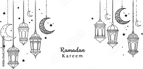 Ramadan kareem arabian lanterns and lamps border. Middle east antique kerosene hanging light underline or border, mosque ancient gas lamp or muslim ramadan karem lantern vector divider or separator