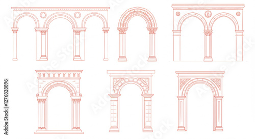 Art deco arch window and door frames, entrance doorways and gateway, vector architectural line drawing. Ancient classic architecture arch doors with arcs of Medieval temple, palace or mosque doorways