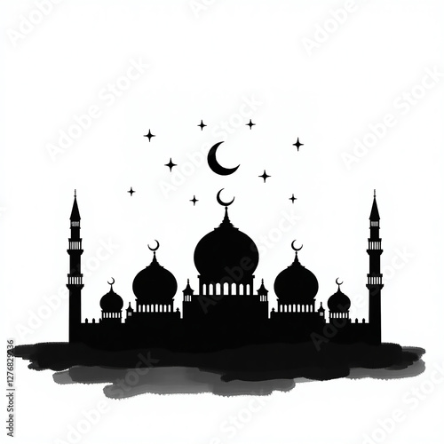 The image features a black silhouette of an Islamic architectural skyline against a white background.