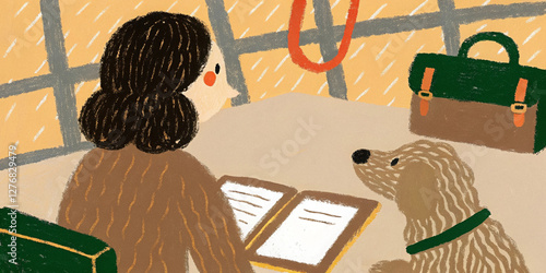 Pet owner organizing travel documents with dog for vacation preparation