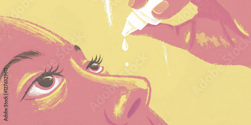 Workplace eye wellness and care concept with close up of person applying eye drops