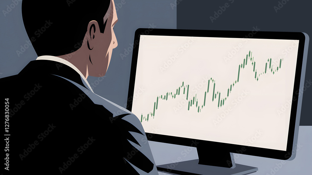 Illustrated Trader Analyzing a Rising Stock Market Chart on a Computer in a Professional Setting Illustrated Trader Analyzing a Rising Stock Market Chart on a Computer in a Professional Setting