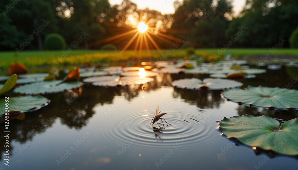 Fototapeta premium Mosquito hovering over water surface at sunset, World Malaria Day